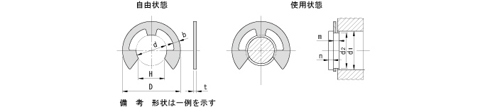 E形止め輪の形状、寸法